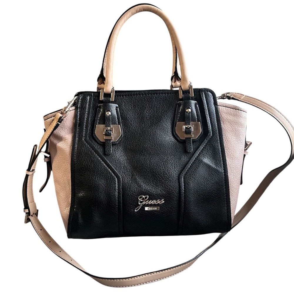 👜 Guess Two-Tone Black & Beige Satchel Crossbody Bag / Adjustable Strap